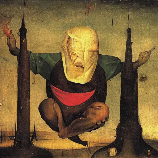 Prompt: Painting of man with his hands bound, his head covered in a rough sack made of jute, wearing a 3-piece suit, hanging upside down from a tower, while fiery imps dance and cavort below him, by Hieronymus Bosch.