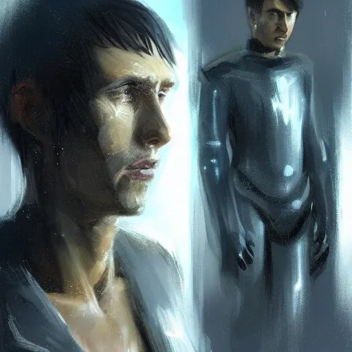 Image similar to portrait of a shocked man by greg rutkowski, he is about 3 0 years old, short black hair with bangs, scared and incredulous, very tall and slender, he is wearing futuristic space gear, highly detailed portrait, digital painting, artstation, concept art, smooth, sharp foccus ilustration, artstation hq