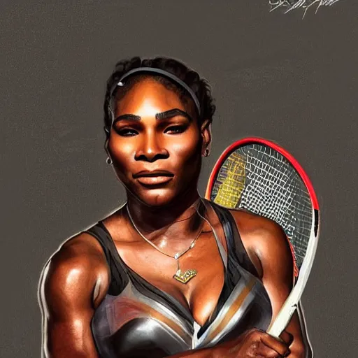 Prompt: portrait of Serena Williams as a warrior woman holding a racket, looking at camera, D&D, intricate, elegant, stylish, serious expression, fantasy, extremely detailed, digital painting, artstation, concept art, smooth, sharp focus, illustration, stunning lighting, art by artgerm and greg rutkowski and alphonse mucha and simon stalenhag.