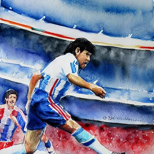 Prompt: Maradona scores a goal, watercolor painting