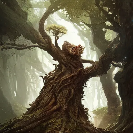 Image similar to a rat creature, in the shape of a ent, by greg rutkowski, trending on art station, highly detailed, magic the gathering, matte painting