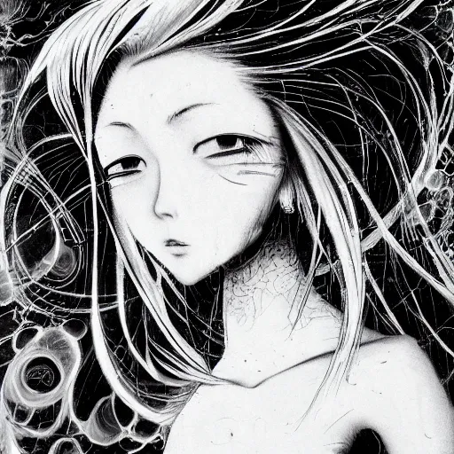 Image similar to Yoshitaka Amano realistic illustration of an anime girl with white hair and cracks on her face wearing dress suit with tie fluttering in the wind, abstract black and white patterns on the background, noisy film grain effect, highly detailed, Renaissance oil painting, weird portrait angle