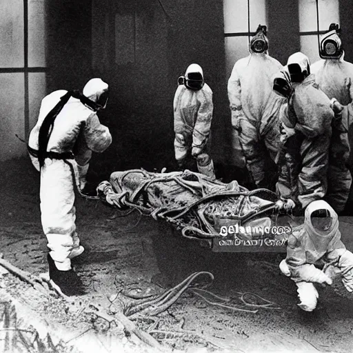 Image similar to old black and white photo, 1 9 1 3, depicting scientists in hazmat suits removing an alien biomechanical corpse on a bridge, historical record, volumetric fog