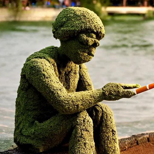 Image similar to cinematic shot of a cute green clay man smoking a cigarette and sitting by a riverbank, 8k, highly intricate, highly detailed,