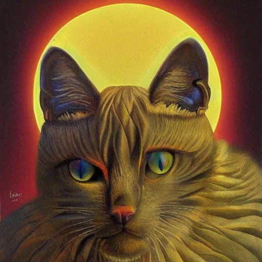 Image similar to the illuminated mystic dark cat, softly lit from behind like a Catholic saint portrait, full moon night, in the desert. Portrait by Paul Bonner, oil on canvas