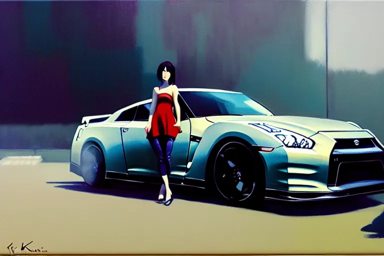 Image similar to A ultradetailed beautiful panting of a stylish girl standing in front of a Nissan GTR, Oil painting, by Ilya Kuvshinov, Greg Rutkowski and Makoto Shinkai