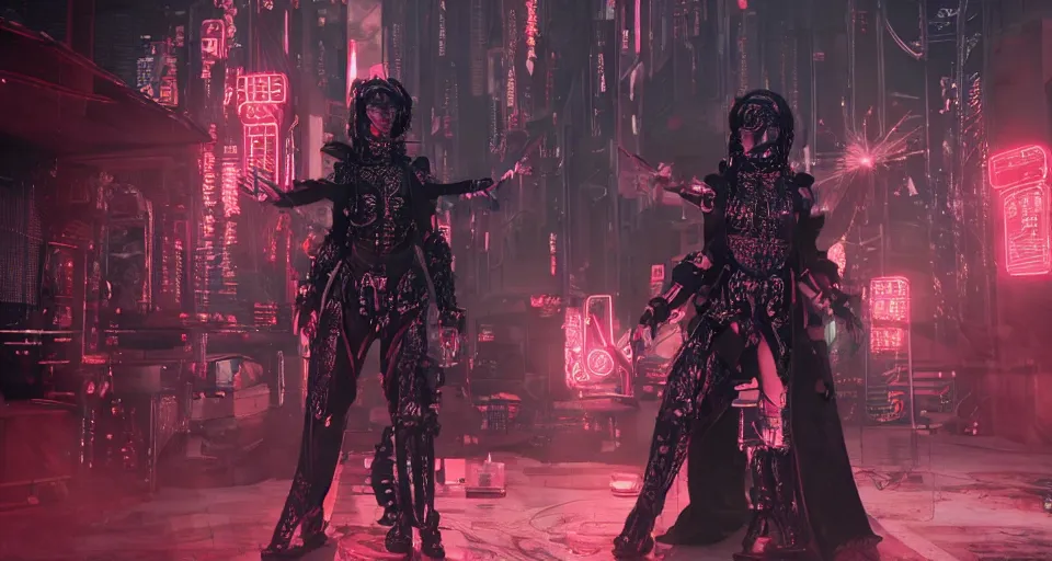 Image similar to a very hot scarlet asian necromancer in cyberpunk-plate-armor, Ultra-HD, doing a summoning futuristic ritual with holograms, Volumetric Lighting, Screen Space Global Illumination, Opaque, Optics, Lumen Reflections, VFX, insanely detailed and intricate, hypermaximalist, elegant, ornate, hyper realistic, super detailed, full body, octane render, unreal engine