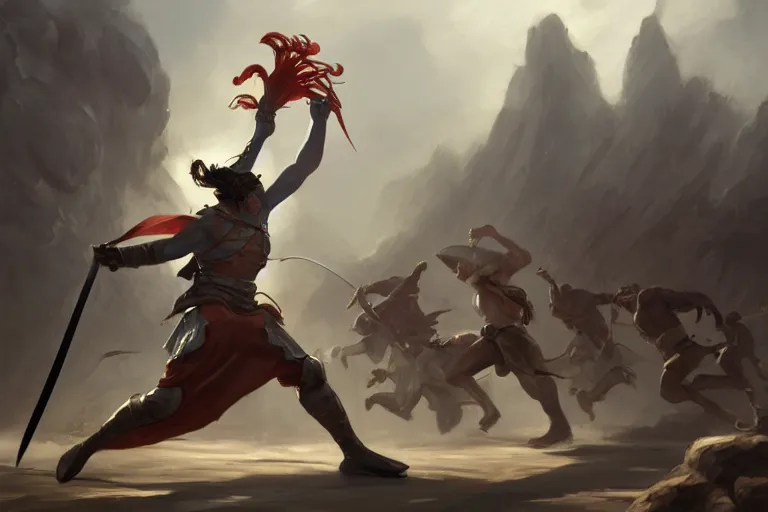 Image similar to a man with a sword charging sprint in an arena, organic painting, sunny day, matte painting, bold shapes, hard edges, street art, trending on artstation, by huang guangjian, gil elvgren, ruan jia, randy vargas, greg rutkowski