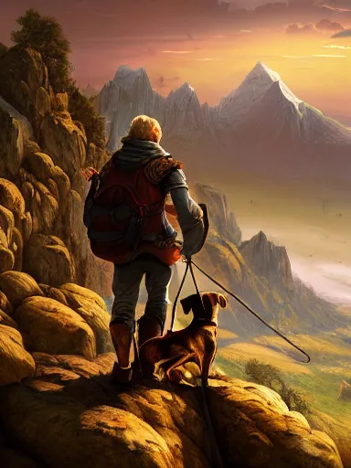 Image similar to an adventurer with his dog. near a precipice the sun and mountains on the background., intricate, elegant, highly detailed, digital painting, artstation, concept art, sharp focus, illustration, by justin gerard and artgerm, 8 k