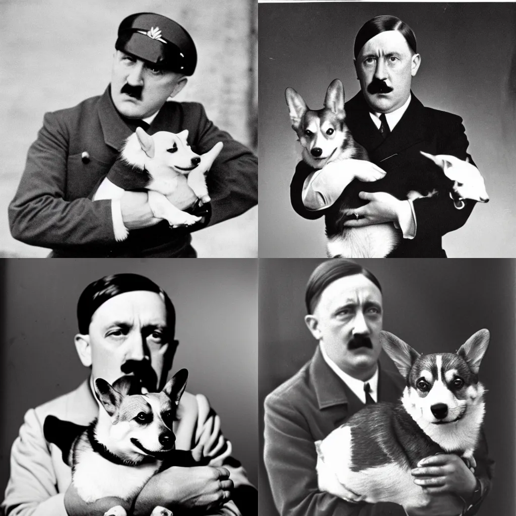 Prompt: Adolf Hitler holding a corgi, photography, beautiful, black and white,