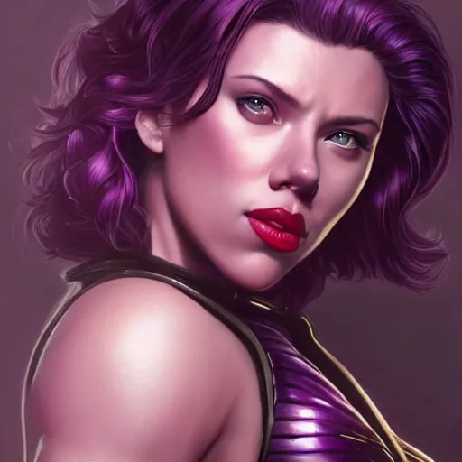 Prompt: scarlett johansson as thanos, feminine beautiful muscular fitness model wearing armor, very dark purple skin, red lips, very very strong jaw, pin up, attractive, highly detailed full body portrait, pretty face, elegant, breathtaking art, concept art, by artgerm and ilya kuvshinov