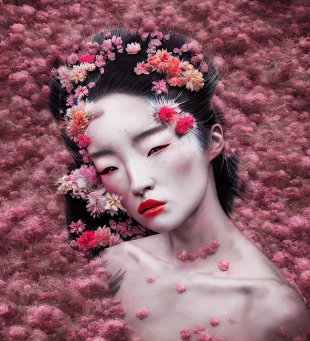 Image similar to baroque portrait of a geisha berserker designed by vitaly bulgarov who is lying down in a river made of thousand of flowers, photorealistic, octane render, 8 k, depth of field