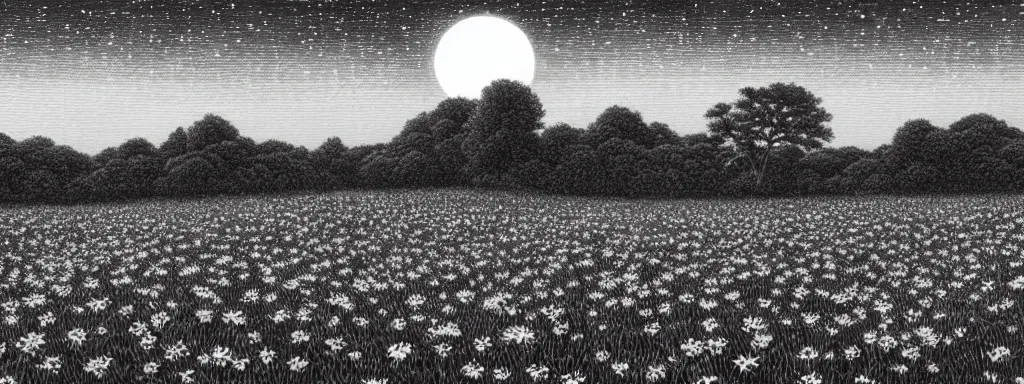 Image similar to A serene flower field at night by Kentaro Miura, highly detailed, black and white