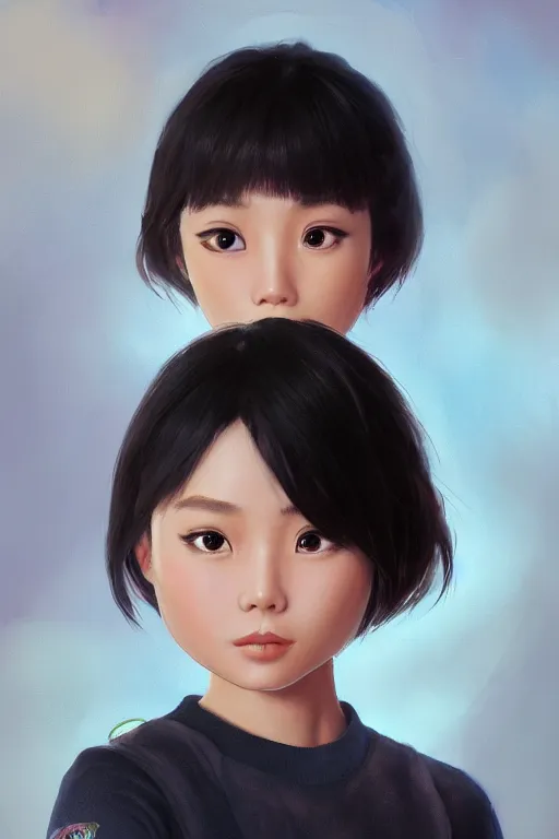 Image similar to a painting of cute Asian girl, short hair, in the style of DreamWorks animation, low angle view, 16mm lens, award winning, hyper detailed, dramatic lighting, artstation, octane renderer, unreal engine