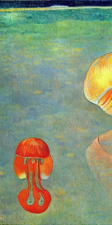 Image similar to jellyfish by paul gauguin, serene, calm, minimalist!!