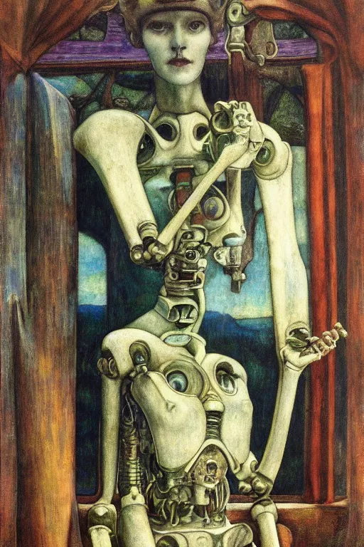 Image similar to the robot wearing her bone crown stands by the window , by Annie Swynnerton and Diego Rivera and Elihu Vedder, symbolist, dramatic lighting, elaborate geometric ornament, Art Brut, soft blues and greens,smooth, sharp focus, extremely detailed, Adolf Wölfli and Evelyn De Morgan