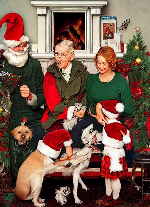 Image similar to a norman rockwell dog family christmas