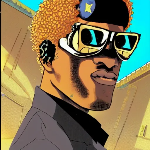 Image similar to a cool freckle-faced black dude wearing shades with a golden afro by masamune shirow