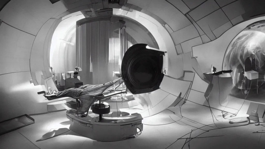 Image similar to an mri section of james cavell in the living room, film still from the movie directed by denis villeneuve with art direction by salvador dali, wide lens