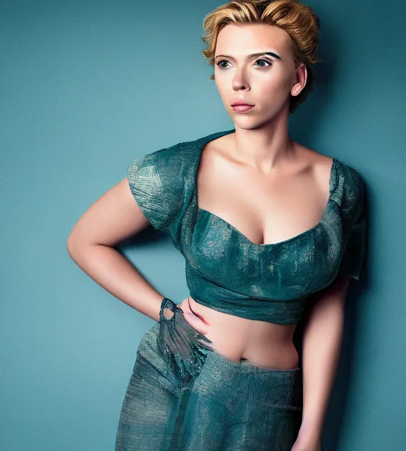 Image similar to beautiful portrait photo of Scarlett Johansson, slight smile, photo by Annie Leibovitz, 85mm, teal studio backdrop