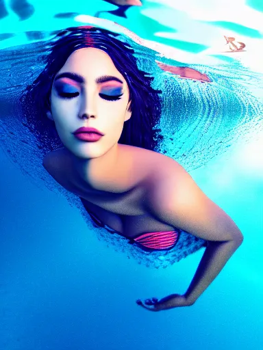 Prompt: close portrait of beautiful, female, latina, floating under water, wearing robe, model, symmetrical!!, makeup, sephora, maybelline, cinematic, filmic, vsco, fantasy, concept art, artstation, elegant, ray trace, gorgeous, vray, flim, octane render, arnold render, wlop