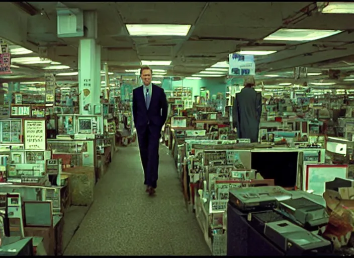 Prompt: cinematic wide shot of backlit windows of a narrow used electronics store, bryan cranston wanders the messy aisles, keyboards, iconic scene from the paranoid thriller sci fi film directed by wes anderson, anamorphic cinematography, beautiful composition, color theory, leading lines, photorealistic, volumetric lighting