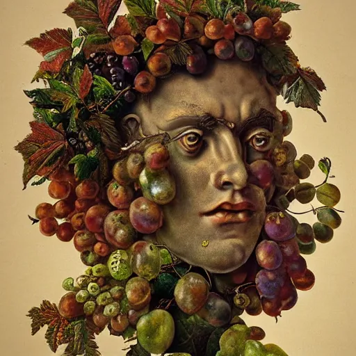Prompt: photorealistic god dionysus with leaves and grape in his hair by arcimboldo