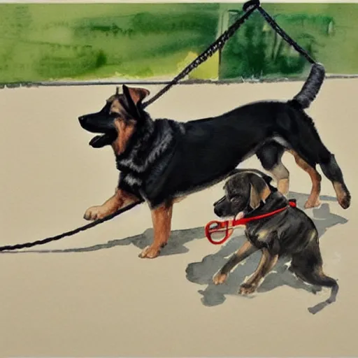 Prompt: A German shepherd and a Labrador retriever tugging on a rope, water color painting, by Feng Zhu , Trending on ArtStation, playful