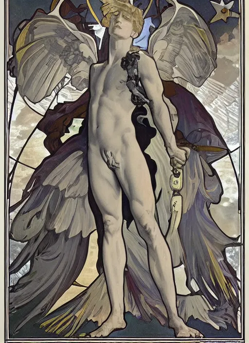 Image similar to digital character concept art by paul berthon and alphonse mucha, portrait of a young 1 2 years old icarus a god, twelve years old, arms spread wide looking skyward as if to fly, large mechanical bird wings, beautiful, smooth body, night time, light effect, clouds, stars, glowing lanterns, detailed, poster art, lithograph, hyper detail