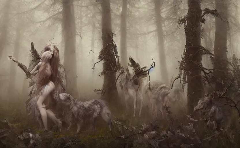 Image similar to a female spectral figure with leaves and feathers twisted in their hair is coming out of the fog with their pack of wolves, moss growing on their clothes, destructive magic pulsing at their fingertips, a spectacular intricate moody biedermeier painting, cgsociety