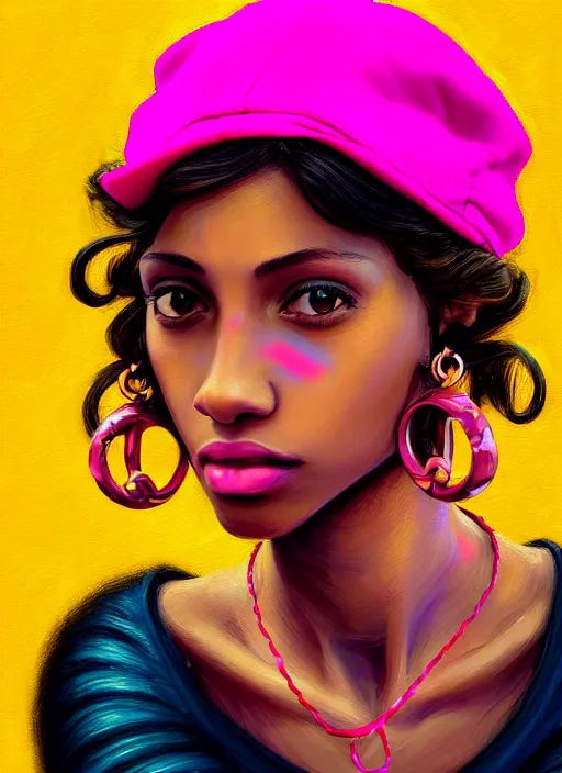 Image similar to portrait of teenage vanessa morgan with bright pink hair, black girl, vanessa morgan, curly pixie cut hair, wearing newsboy cap, newsboy cap, hoop earrings, intricate, elegant, glowing lights, highly detailed, digital painting, artstation, concept art, smooth, sharp focus, illustration, art by wlop, mars ravelo and greg rutkowski