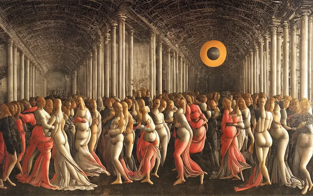 Image similar to sandro botticelli. very soft, delicate light. venus but dancefloor in underground club. in the middle is a little platform, people dancing around it. disco lights. fog. colorful and moody. sun is already rising. detailed brush strokes. 6 am.