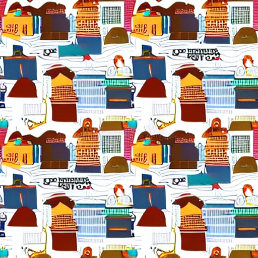 Image similar to fashion house hermes repeating pattern featuring cities and people vector illustration in style of anime realistic