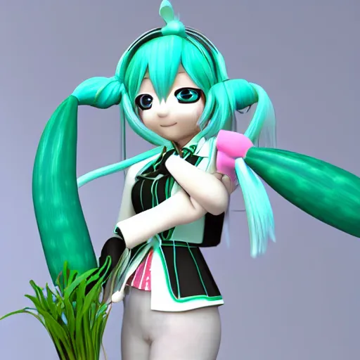 Image similar to hatsune miku holding leeks, 3 d render, trending on artstation