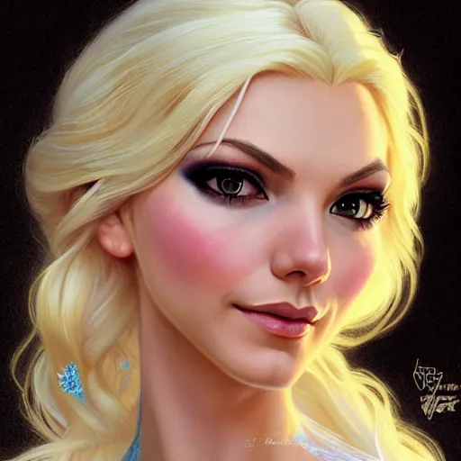 Image similar to Blonde Victoria Justice as Elsa from Frozen, western, D&D, fantasy, intricate, elegant, highly detailed, digital painting, artstation, concept art, matte, sharp focus, illustration, art by Artgerm and Greg Rutkowski and Alphonse Mucha