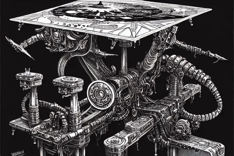 Image similar to a majestic steampunk table legs, high details, bold line art, by vincent di fate and joe fenton, inking, etching, screen print, masterpiece, trending on artstation, sharp, high contrast, hyper - detailed,, hd, 4 k, 8 k