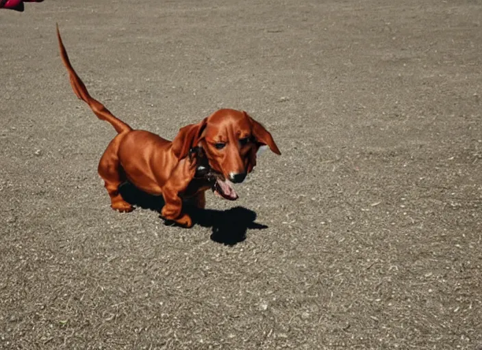 Prompt: brown dauchshund skydiving in a jumpsuit