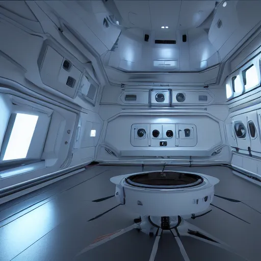 Prompt: photorealism of room of a spacecraft hyper realistic sci - fi realistic, octane render, hyper realistic, ambient lighting,