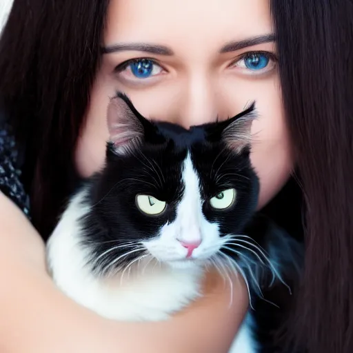 Image similar to a woman with long dark hair, big shiny dark eyes holding a cat in her arms, a stock photo by juan villafuerte and minerva j. chapman, pexels contest winner, high quality photo, rtx, hd, tumblr contest winner, anime, pretty, shiny eyes, sensual