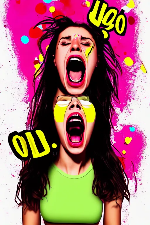 Image similar to girl screamin yolo - aesthetic, remove duplicated anatomy, 4 k, illustration, comical, acrylic paint style, pencil style, torn cosmo magazine style, pop art style, ultrarealism, by mike swiderek, jorge lacera, ben lo, tyler west