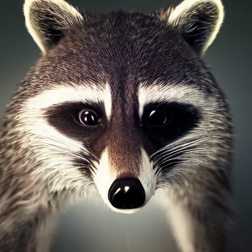 Prompt: a hyperrealistic octane render of a raccoon with a camera lens for a nose, photorealism, unreal engine, dramatic lighting, volumetric lighting, uplighting