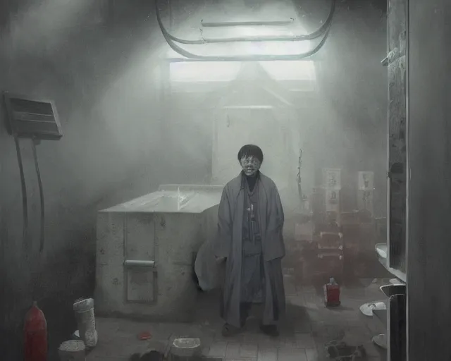 Image similar to a 50 year old brunnete chinese man standing in a morgue funereal next to the grim reaper, horror scene, dramatic, anime art, Greg Rutkowski, studio ghibli, dramatic lighting