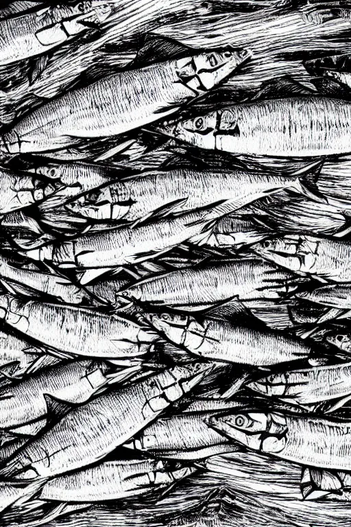 Image similar to a beautiful copper engraving printed on paper of a school of mackerel, 8 k, frostbite 3 engine, cryengine, dof, trending on artstation, digital art, crepuscular ray