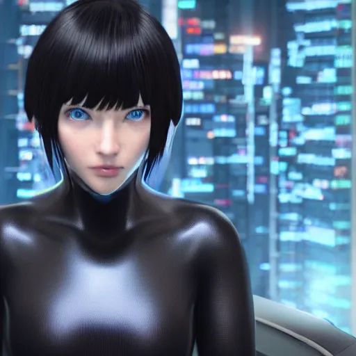 Image similar to « portrait, attractive, blue eyes, black hair, middle length hair, ghost in the shell, front view, unreal engine 5 »