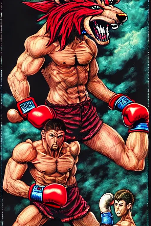 Image similar to extreme long shot. 8 bit nes graphics. antropomorphic muscular masculine wolf. kickboxer fighter, in shorts. wolf head. fine details, very sharp, art from nes game cartridge, 8 0's, vhs artefacts, vaporwave style, marc simonetti and hermann nitsch. contra