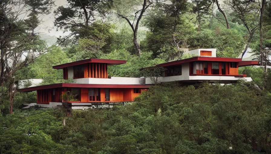 Prompt: small modern house, tibetan inspired architecture, on a green hill between trees and big boulders, frank lloyd wright, photorealistic, cyberpunk