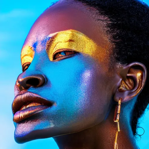Prompt: portrait of metallic face, african woman, proud looking away, liquid metal, mercury, outdoor, blue sky, nature, 8 k, realistic, depth of field, highly detailed, award winning photography