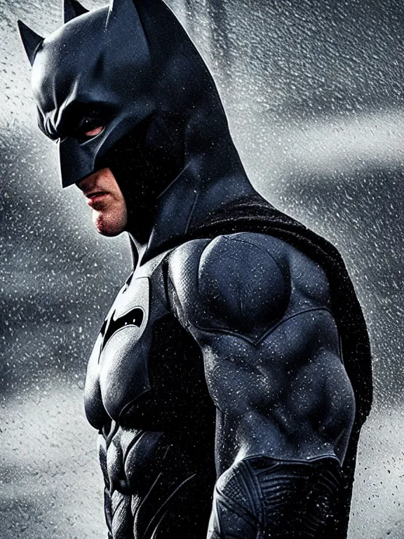 Image similar to film still, ryan renolds as batman, no mask, hyperrealism, moody lighting, rain, intricate, 8 k