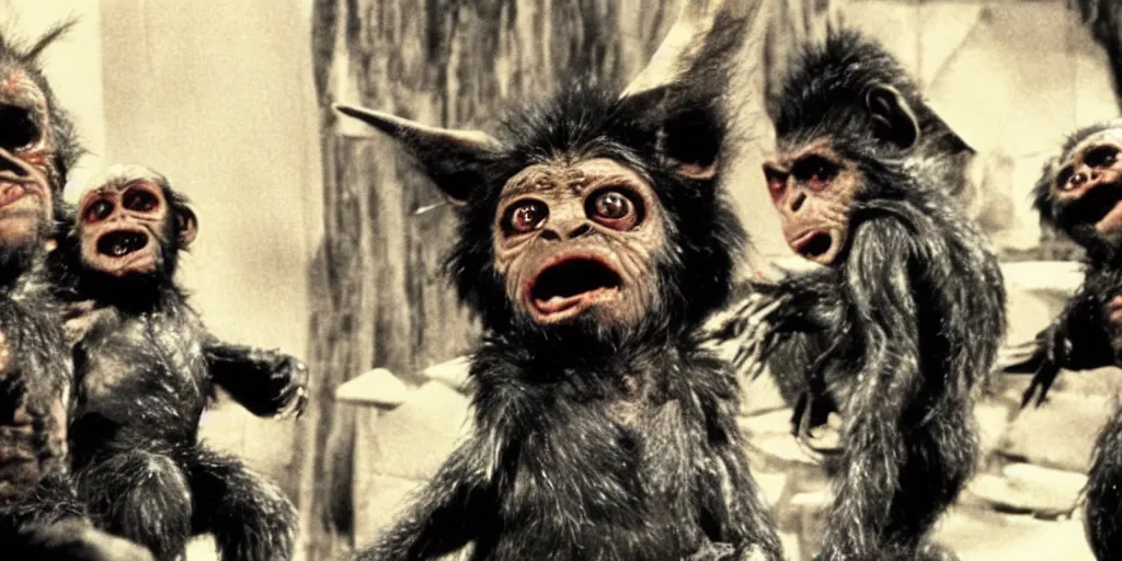 Image similar to frame from planet of the apes gremlins.