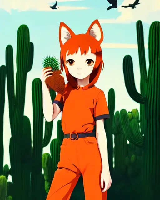 Image similar to portrait of cute redhead foxgirl in orange jumpsuit with fox ears by ilya kuvshinov, holding a cactus, cloudy sky background lush landscape illustration concept art anime key visual trending pixiv fanbox by wlop and greg rutkowski and makoto shinkai and studio ghibli